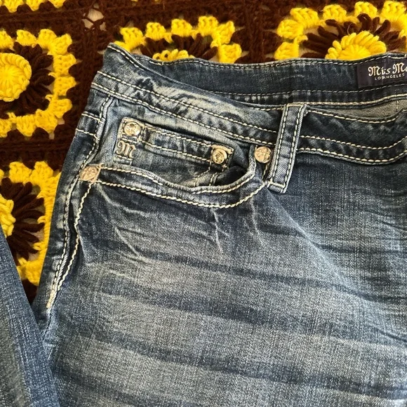 Navy Blue Miss Me Los Angeles Mid Rise Boot Cut Embroidered Floral Denim Jeans - Picture 4 of 6